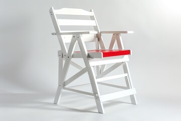 Modern white wooden folding chair with red cushion on white background. Perfect for home, office, or outdoor decor.