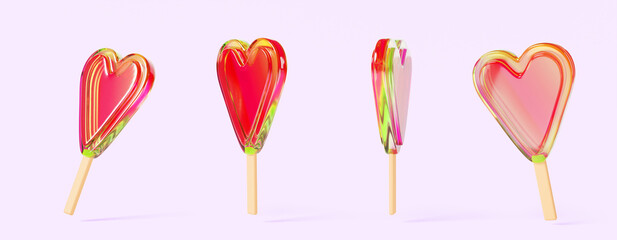 3d set of candy hearts, Valentines day sweets in shape of love symbol isolated render icons. Lollipop with color red green gradient texture on wooden stick, cute romantic present. 3D illustration