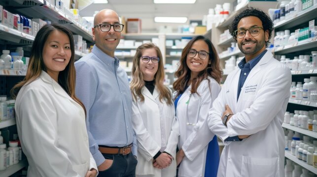 Pharmacists Group Portrait in Clean Well-Lit Pharmacy SettingDiverse Team.