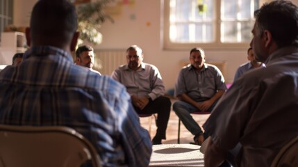 Men Group Therapy Community Center Discuss Mental Health Support Friendship.