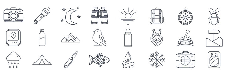 Outdoor Adventure Hiking icons set, Included icons as Compass, Rain Cloud, Camera, Bird and more symbols collection, logo isolated vector illustration