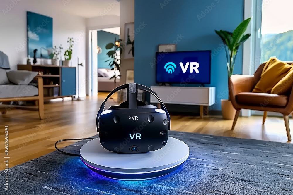 Poster futuristic vr robot on a display table in a modern showroom, showcasing advanced technology