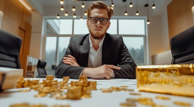 rich and successful financial professional, sits at a table strewn with cash money and a bitcoin coin, symbolizing financial prowess and wealth in the cryptocurrency market or online trading.