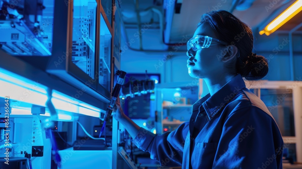 Poster in a hightech laboratory, a scientist is deeply engrossed in analyzing intricate data on numerous co