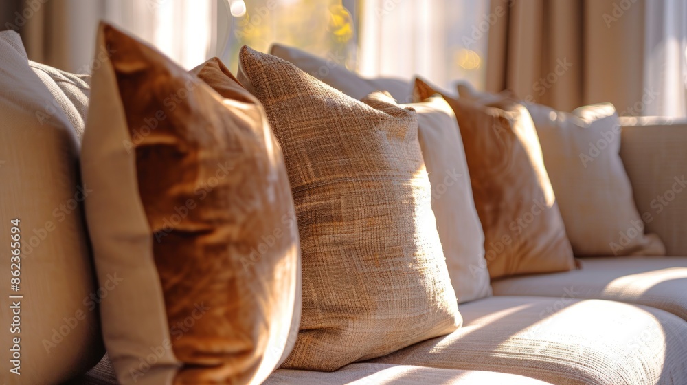 Poster a couch with a few pillows on it, one of which is brown. generate ai image