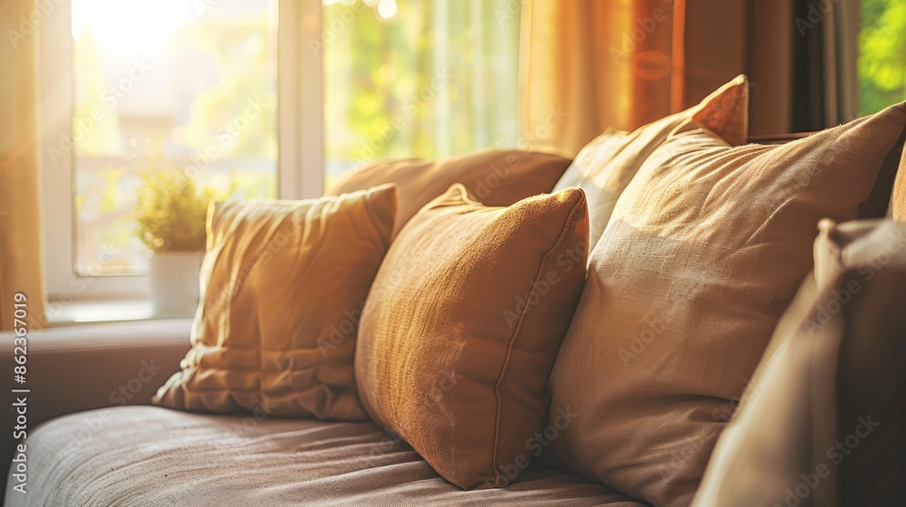 Poster a couch with a few pillows on it, one of which is brown. generate ai image