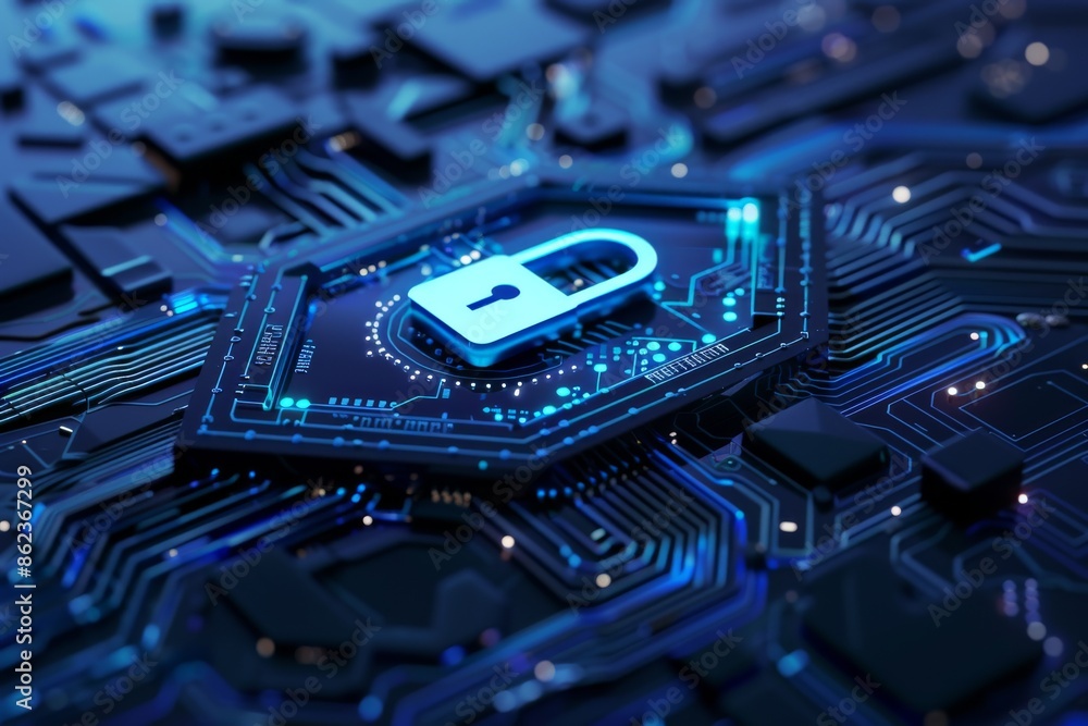 Poster 3d rendered digital lock on circuit board representing cybersecurity and data protection