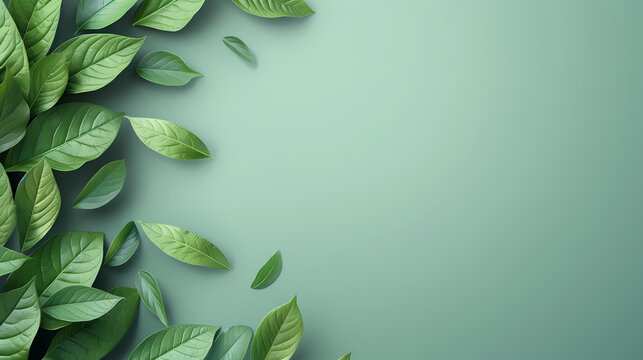 Fresh green leaves on a gradient green background with scattered leaves and ample negative space.