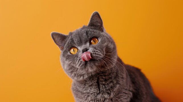 British Shorthair cat licking lips hungrily on orange background