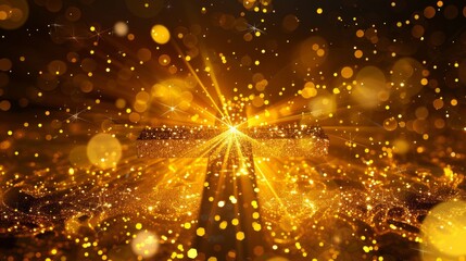 Obraz premium Religious golden crossshining sparkles and radiant glow on black background.