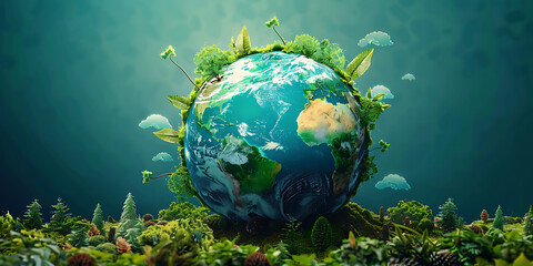 Earth globe illustration on with plants copy space banner ecological earth day hour safe trees mountains environmental problems on blue background