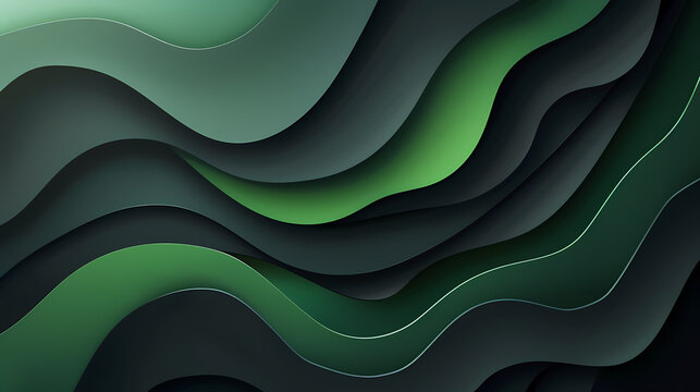 Abstract wave-like green and black layered background with fluid lines and gradients.