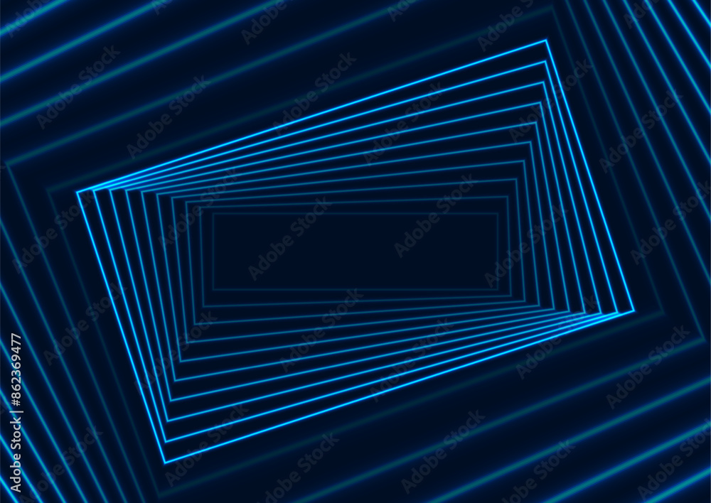 Wall mural Twisted into a spiral bright blue neon rectangles futuristic tech background. Geometry laser effect vector design - Wall murals