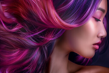 Naklejka premium woman with long pink hair and purple eyes. She has pink lipstick and pink eye shadow. Scene is playful and fun