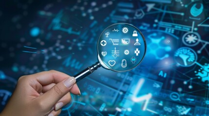 Handmagnifying glass searching for healthcare concept on white background.