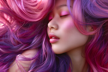 Naklejka premium woman with long pink hair and purple eyes. She has pink lipstick and pink eye shadow. Scene is playful and fun