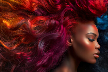 Fototapeta premium woman with rainbow colored hair and makeup. The hair is long and colorful, and the woman has a serious expression on her face