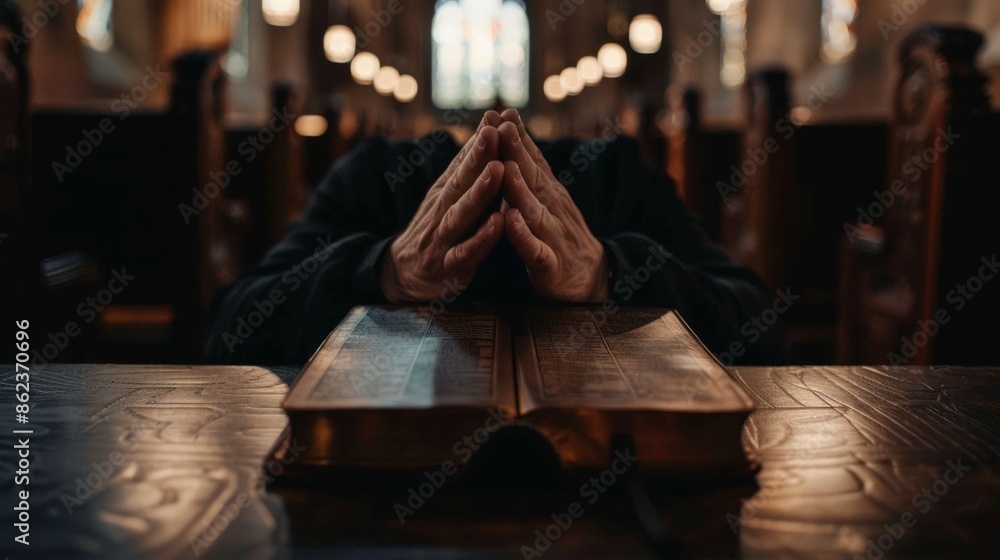 Wall mural Hands folded in prayer on Holy Bible in church - Religious worship and faith concept. - Wall murals