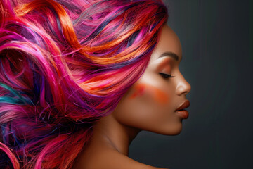 Naklejka premium woman with rainbow colored hair and makeup. The hair is long and colorful, and the woman has a serious expression on her face