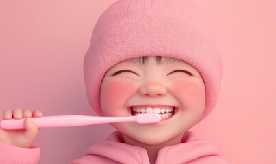 3D rendered illustration of a young boy brushing his teeth