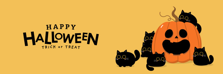 Happy halloween wallpaper and greeting card. Spooky pumpkin with cute black cats. Holidays cartoon character. -Vecto