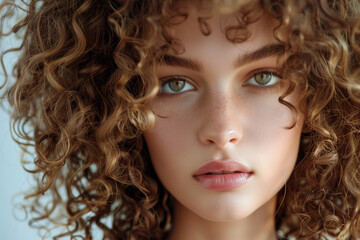 Fototapeta premium woman with curly hair and green eyes. She has a nice smile and is wearing makeup. The image has a warm and friendly vibe