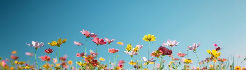 Fototapeta premium vibrant cosmos flowers in a field against a blue sky - nature photography.