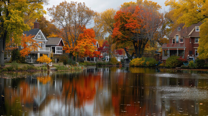 Fototapeta premium A picturesque autumn cityscape in the Midwest USA, Wisconsin, unfolds along a pond. Classic American middle-class homes, adorned with colorful trees, create a scene of tranquility and reflection.