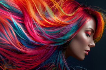 Naklejka premium woman with rainbow colored hair is shown in a close up. The hair is long and colorful, with a mix of red, blue, and green. The woman's face is also colorful, with a pink lip and a bright smile