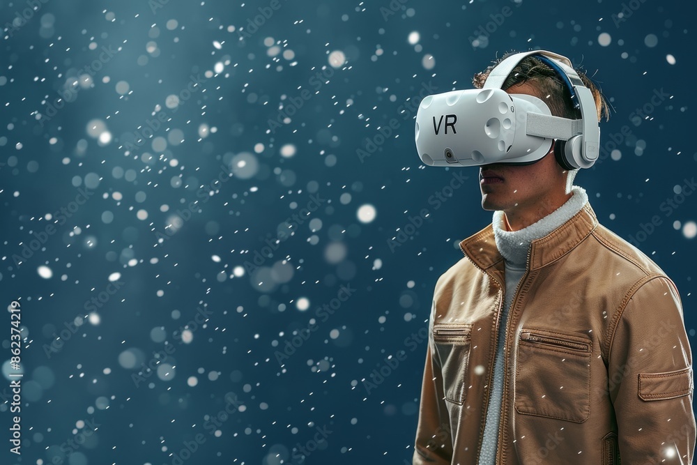 Poster man using vr headset in a modern living room, navigating a virtual environment with advanced technol