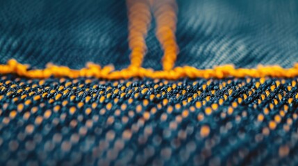 Close up shot of blue jeans fabric frame with yellow seam on denim background Ample space for design Gorgeous backdrop Macro photography