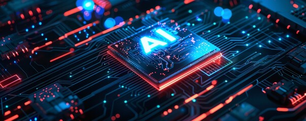 Futuristic glowing AI chip with circuit board background representing advanced technology