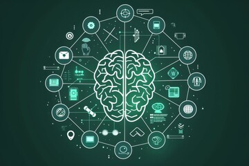 Human brain surrounded by various interconnected technology icons on green background