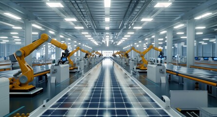 Robotic arms assembling solar panels in a high-tech factory