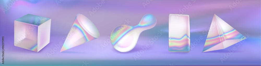 Poster set of 3d glass geometric objects isolated on background. vector realistic illustration of iridescen