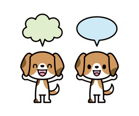 カラフルな吹き出しと立ってバンザイをするかわいいビーグル犬のキャラクターイラストのセット
