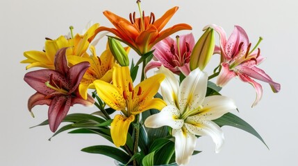 photograph of Beautiful colorful lilies in a detailed vase on a clear white background.