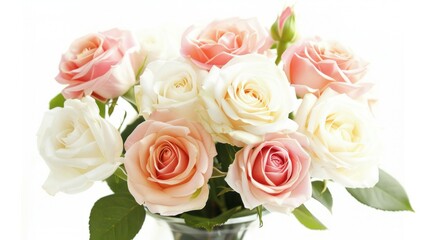 Naklejka premium photograph of Beautiful white and pink roses in a detailed vase on a clear white background