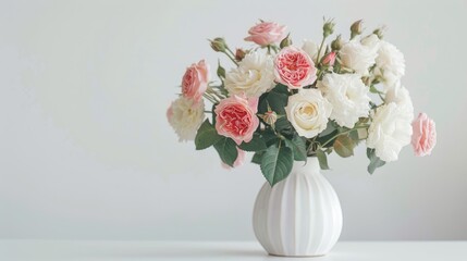 Fototapeta premium photograph of Beautiful white and pink roses in a detailed vase on a clear white background