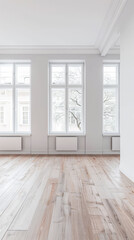 Fototapeta premium Empty room interiors in a property with no people and minimal furniture arrangements. Residential luxury Real Estate development concept image.