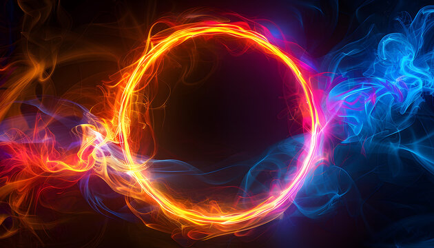 abstract bakground, neon ring light on dark