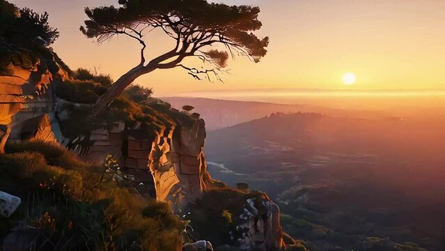 bonsai on the edge of a cliff at sunset.Seamless 4k time lapse virtual video animation background