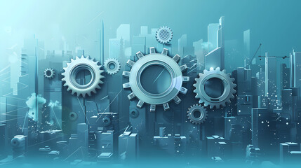 Futuristic city skyline with giant mechanical gears symbolizing digital transformation and industrial innovation.