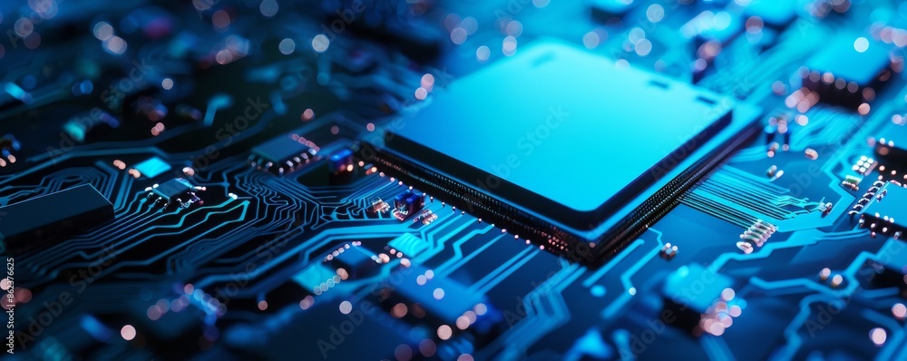 Poster close-up of a microchip on a circuit board in a blue light