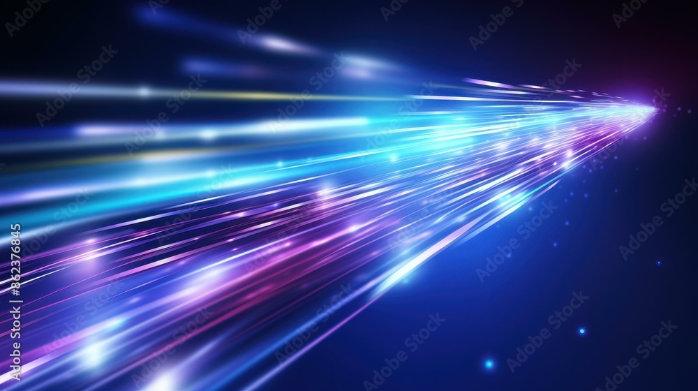 Poster vibrant streaks of blue and purple light symbolize speed and data transfer in an abstract and dynami