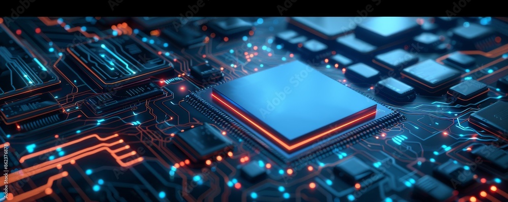 Poster close-up of a microchip on a vibrant circuit board with glowing lines