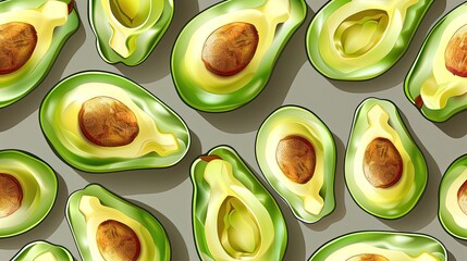 A close up of many green avocados with the insides showing