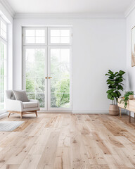 Fototapeta premium Empty room interiors in a property with no people and minimal furniture arrangements. Residential luxury Real Estate development concept image.