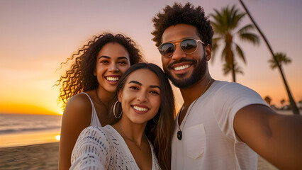 Multi cultural friends are taking a selfie, group photo on a beach, world friendship day