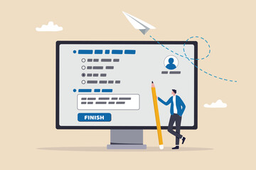 Online questionnaire survey, customer feedback choice or checklist, internet exam, opinion or comment, answer question, surveyor poll concept, man with pencil finish online questionnaire on computer.